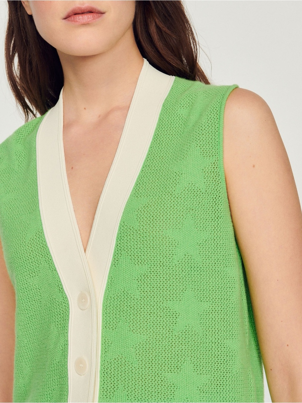 Sandro Tranquille Sleeveless Star Pointelle Knit Cardigan Vest - Green